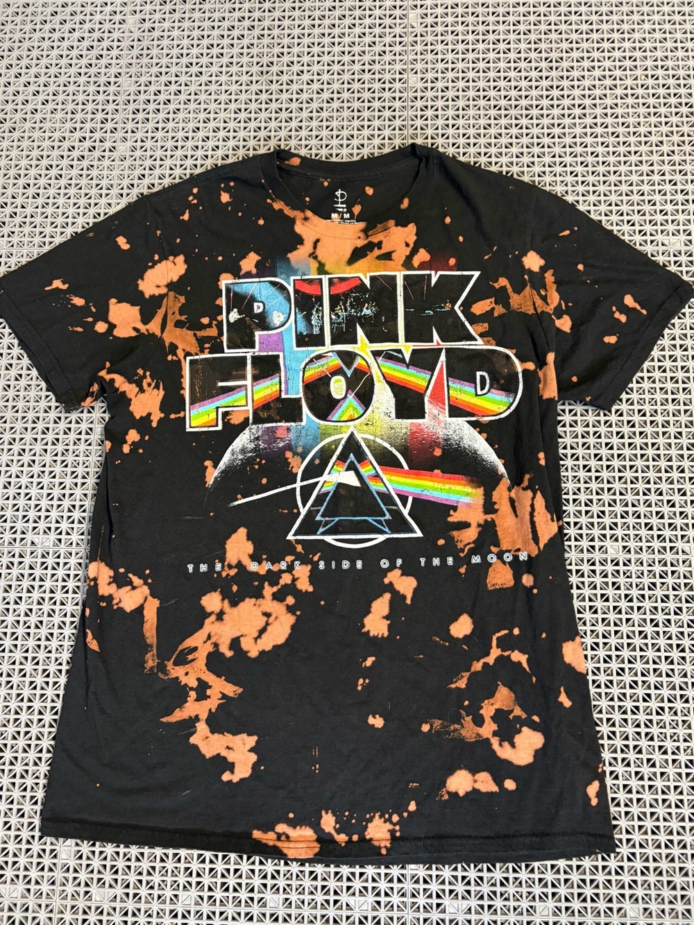 Pink Floyd Black Tee with Rainbow Prism and Orange Bleach